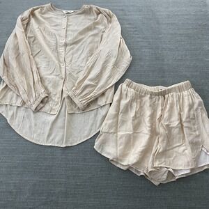 Commense Short Set Women M Beige Button Down  Minimalist Coastal Resort Classic
